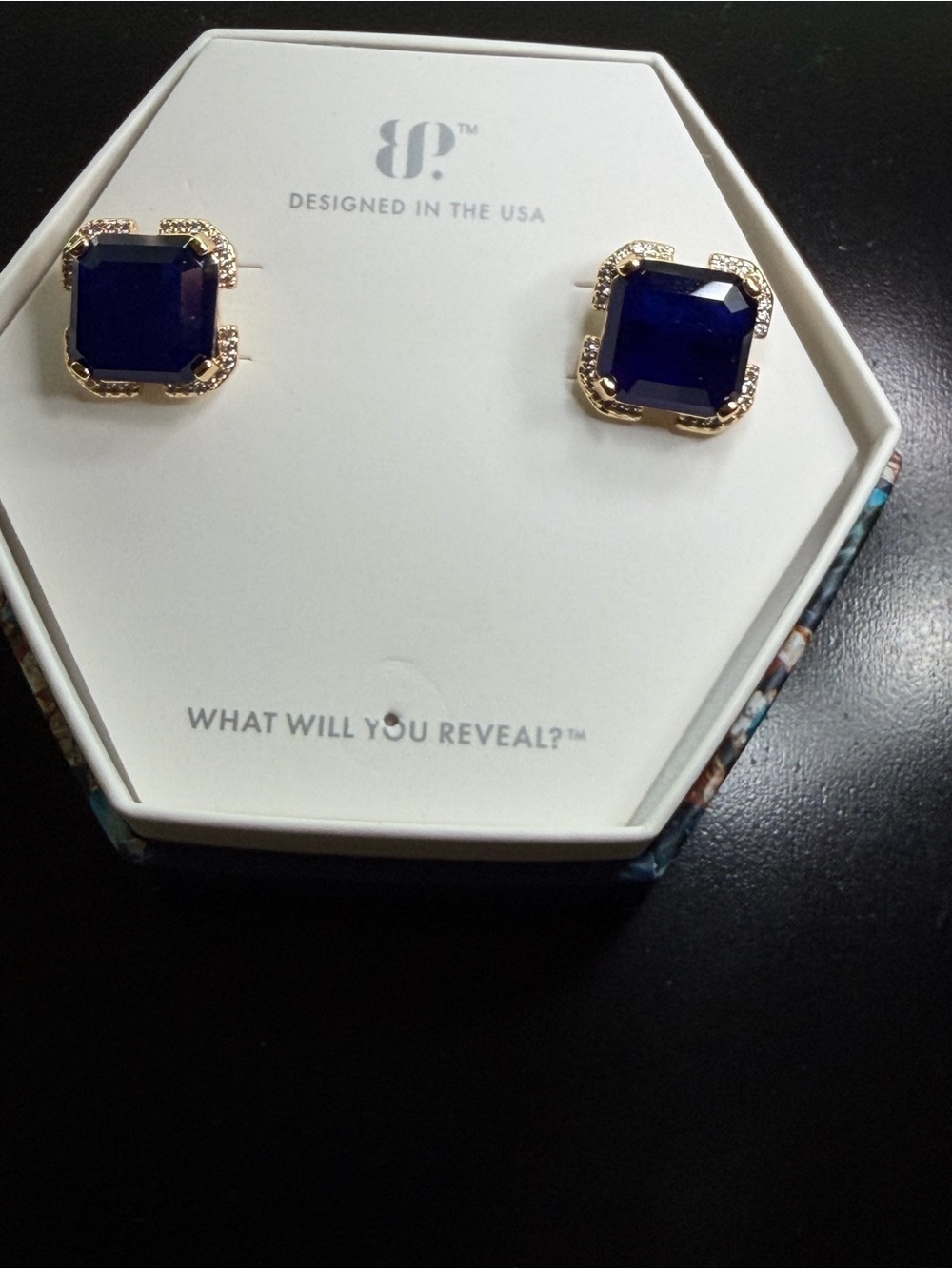 Gold-Tone Royal Blue Square Crystal Stud Earrings